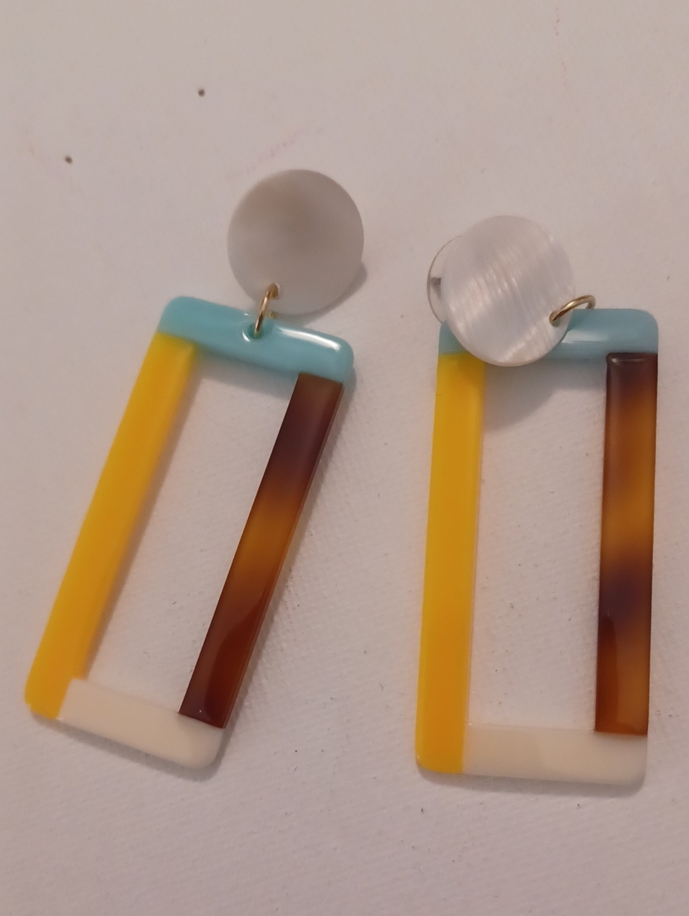 Multi-Color Resin Rectangle Drop Earrings - Yellow, Turquoise & Brown